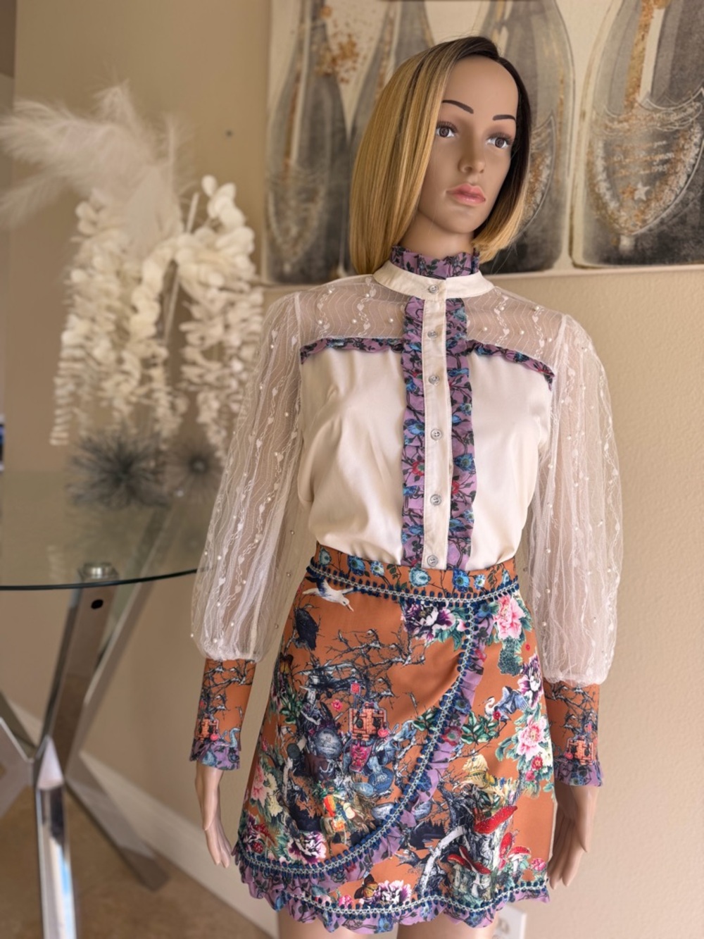 2 Pieces Set Ivory Lace Sleeve Blouse And Floral Trim Skirt